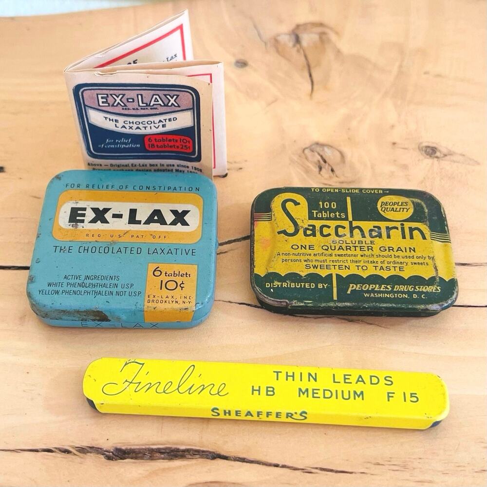 Vtg Mini Tins Advertising Pharmaceutical Saccharin Ex-Lax Sheaffer's